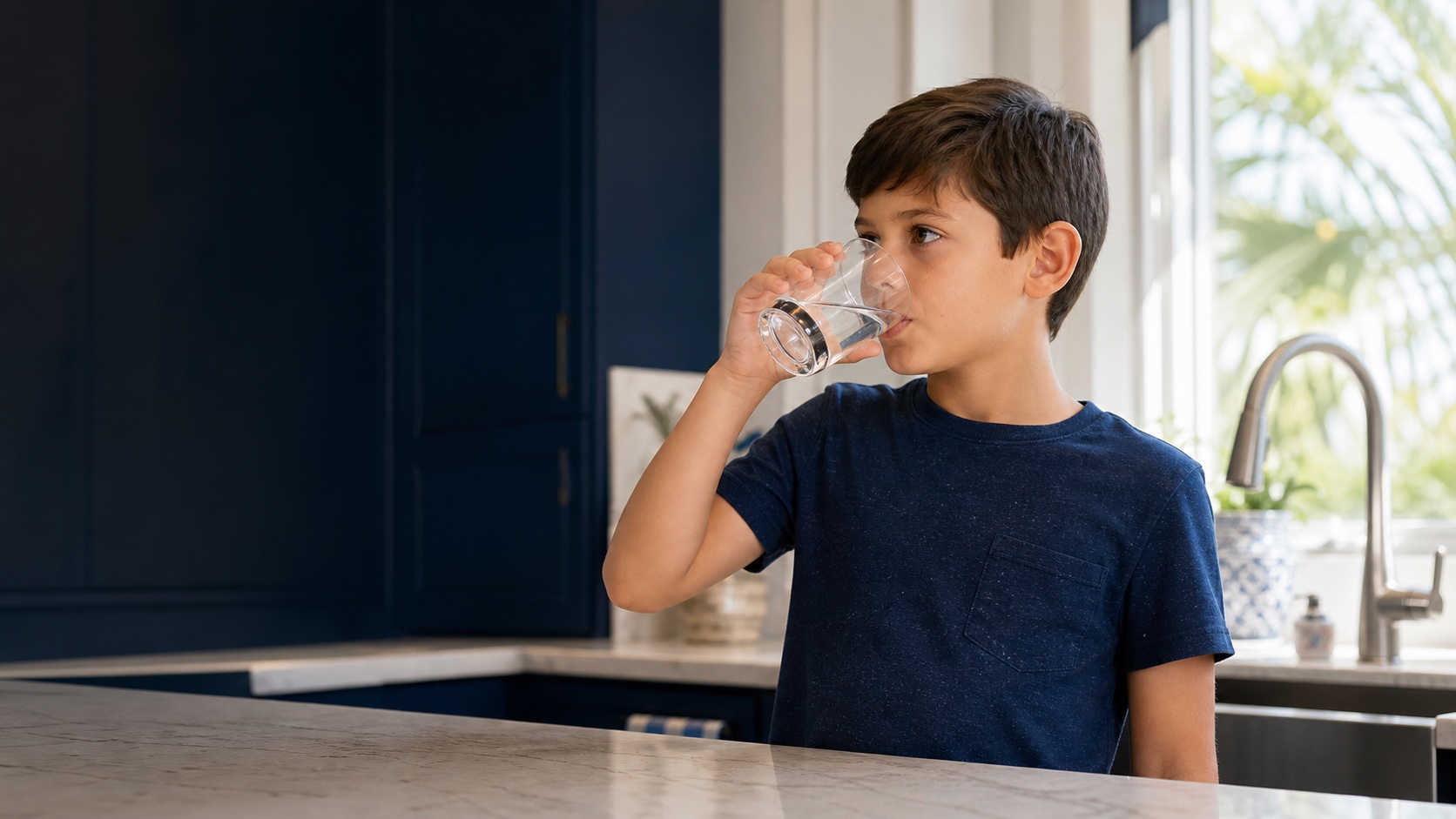 A child enjoying a glass of water at home