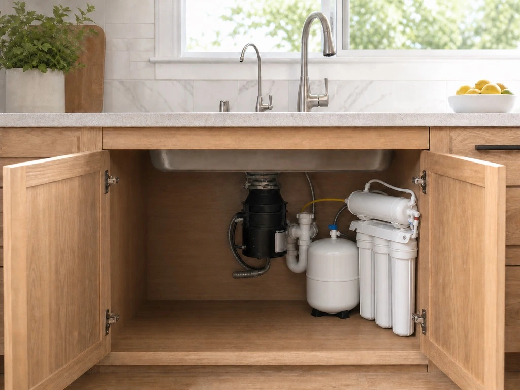 Under-sink reverse-osmosis system and storage tank with a dedicated drinking-water faucet above