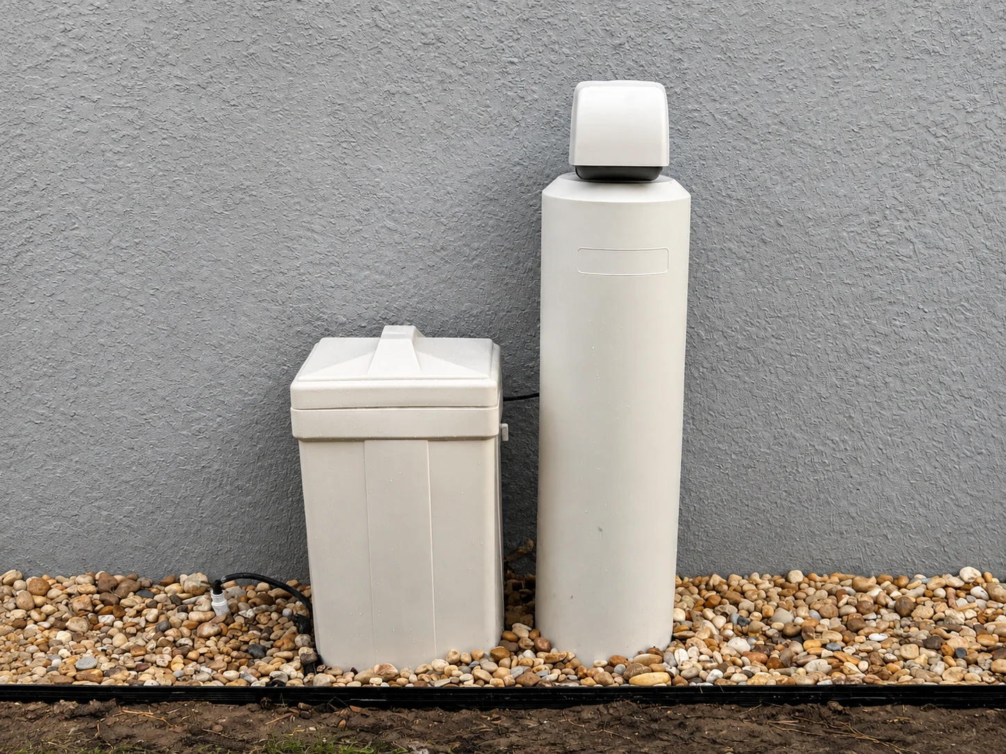 Whole-home treatment vessel and brine tank against a gray wall