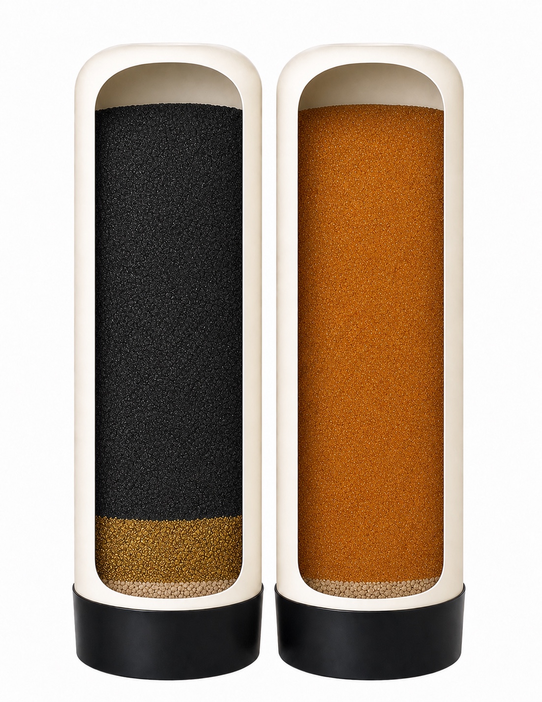 Representative HydroDuo™ cutaway showing fine catalytic carbon and KDF media in the filtration vessel and fine 10% cross-linked resin in the softening vessel