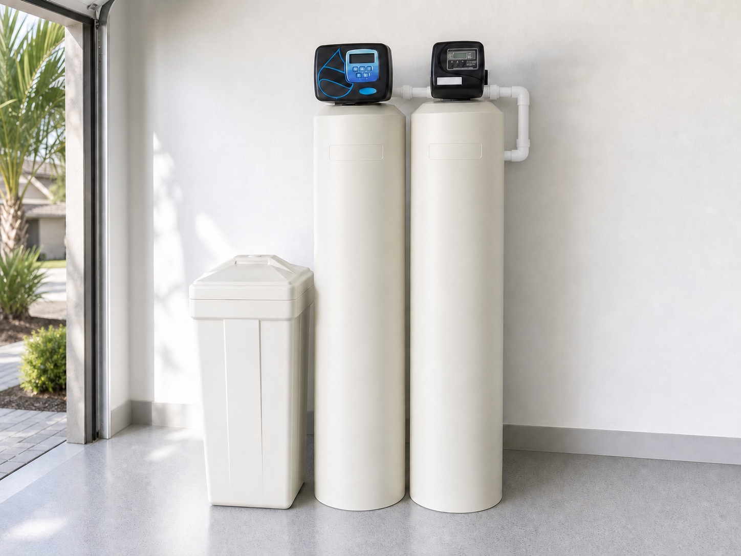 HydroDuo™ filtration and softening vessels with a brine tank and white PVC in a clean garage