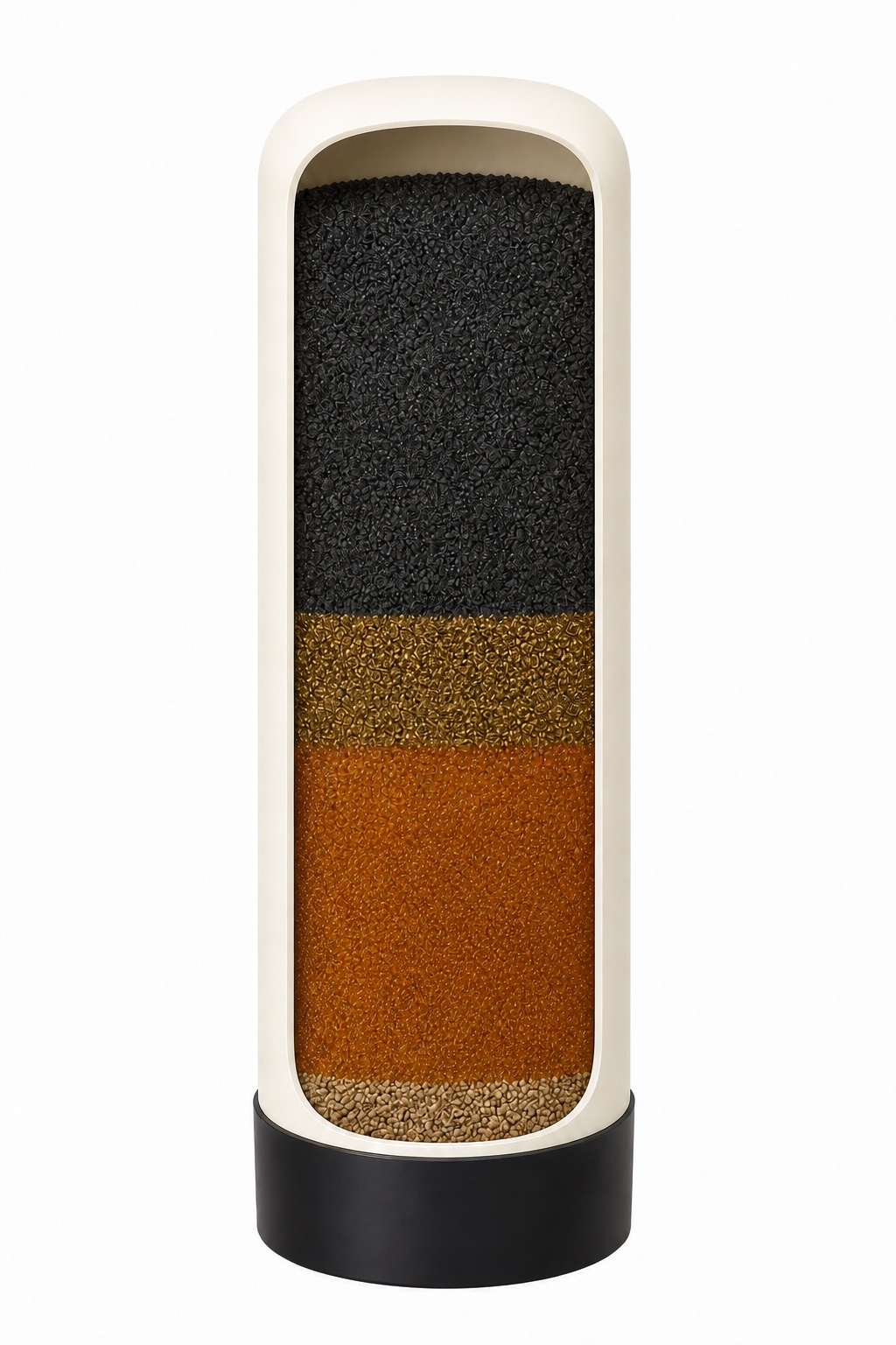 Representative HydroOne™ cutaway showing catalytic carbon, KDF process media, 10% cross-linked resin, and fine support gravel