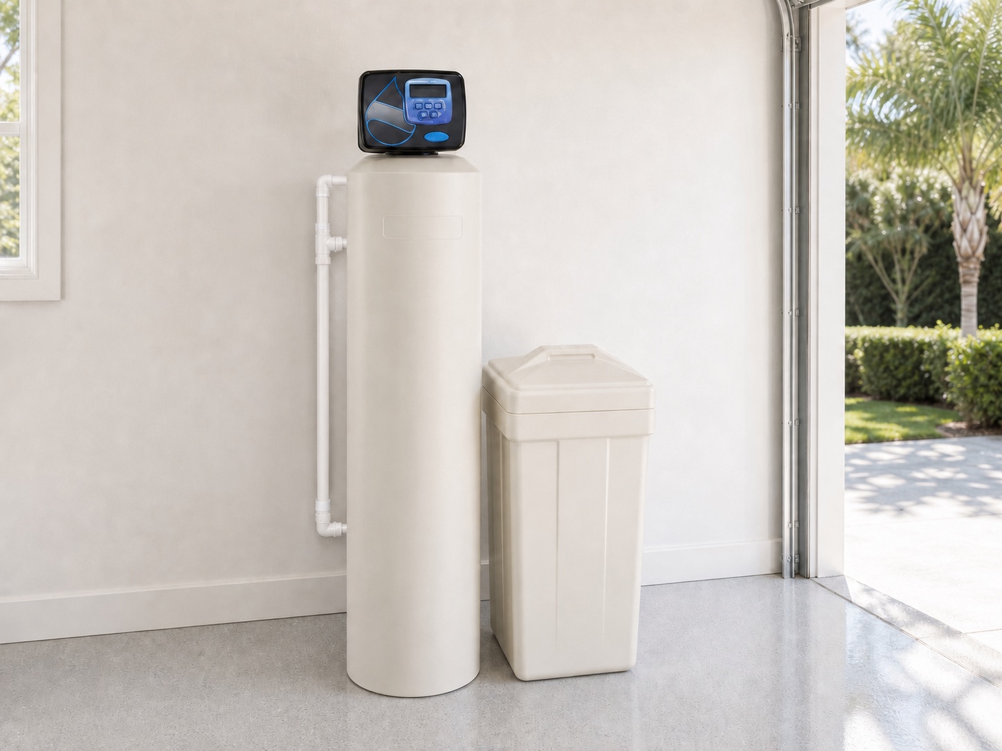 HydroOne™ treatment vessel and brine tank installed with white PVC in a clean garage