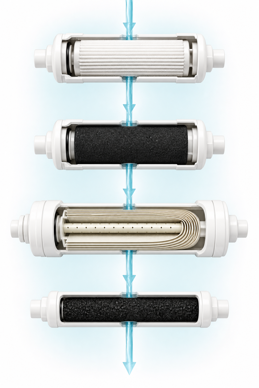 Four-stage HydroSip cutaway showing the sediment prefilter, carbon block, RO membrane, and final carbon filter in order from top to bottom