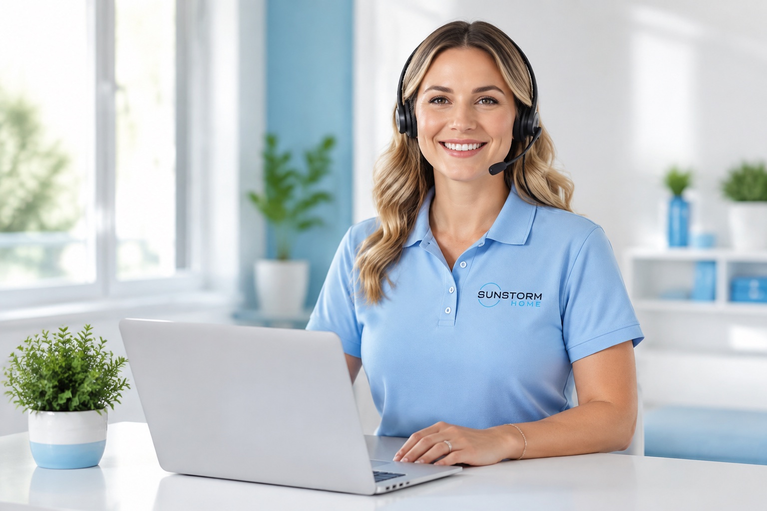 Sunstorm customer-care representative helping a caller