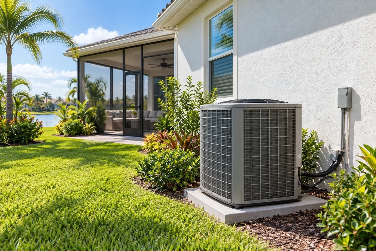 Outdoor central air conditioning equipment beside a Florida home