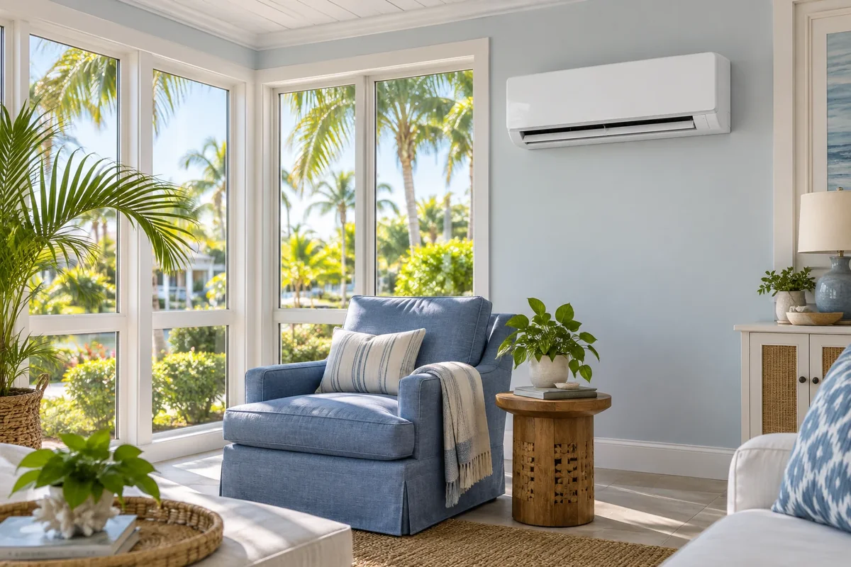 A wall-mounted ductless mini-split in a bright Florida sunroom