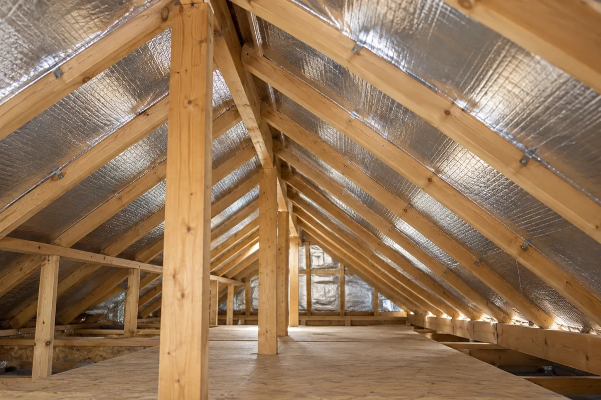 Reflective radiant barrier installed beneath attic roof rafters