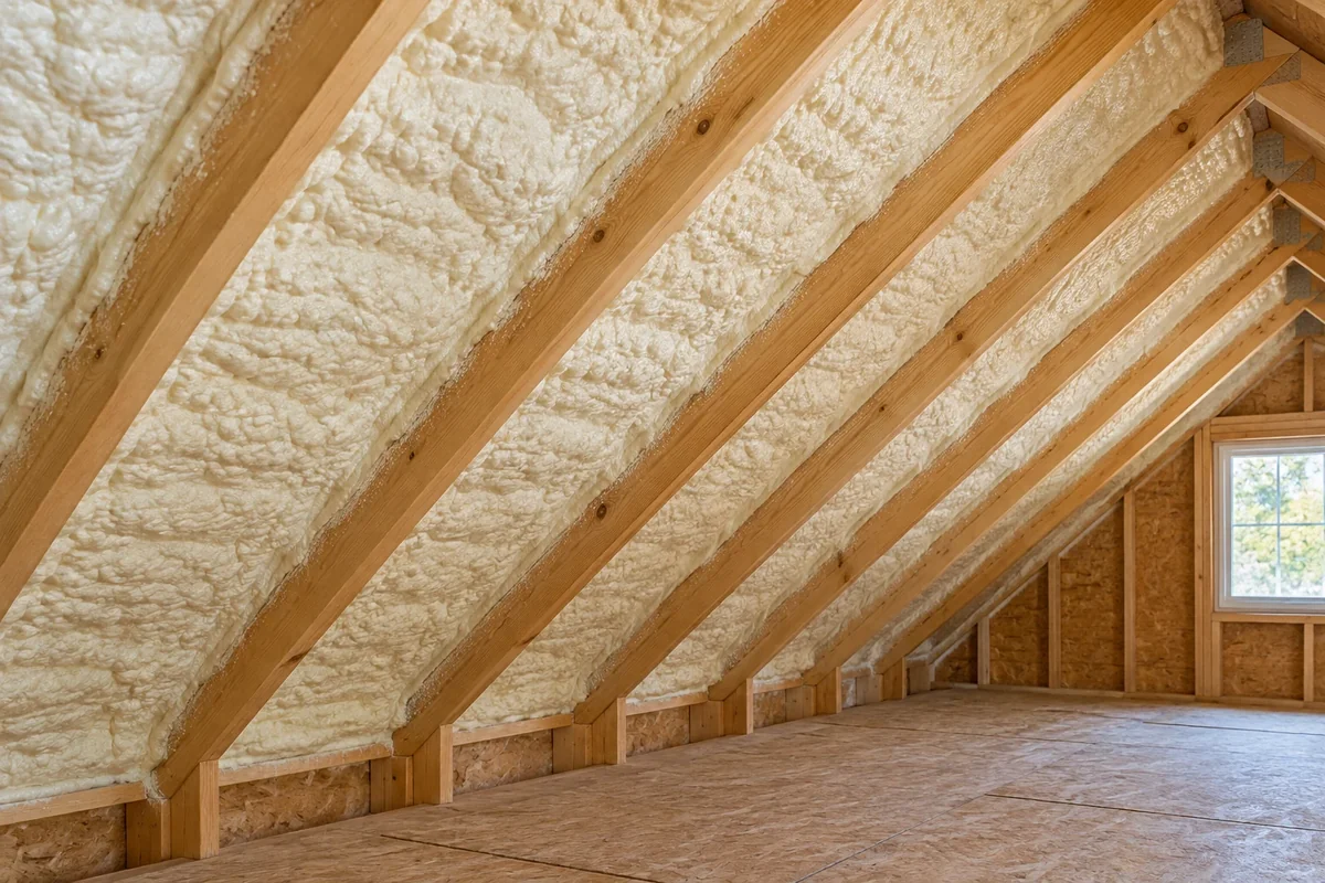 Spray foam insulation applied beneath a roof deck