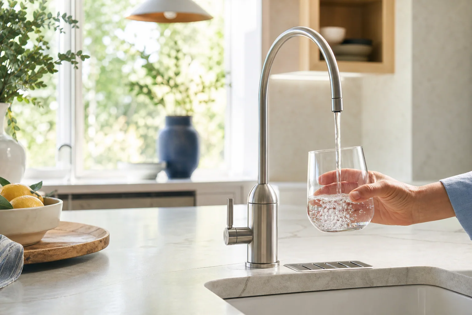 Drinking water filling a glass at a kitchen faucet