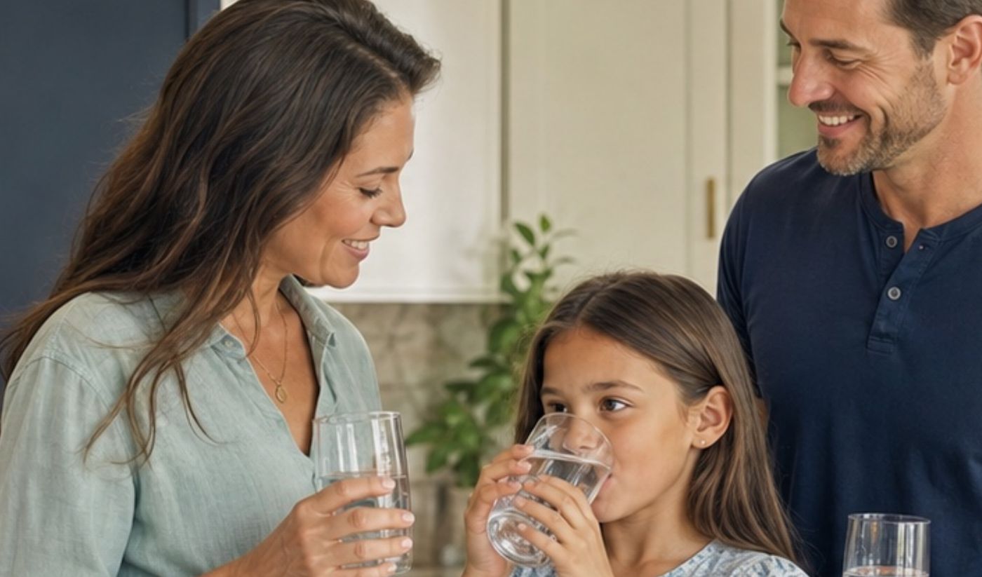 A family drinking tap water in their kitchen