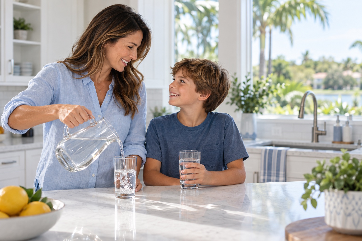 A mother and son enjoying drinking water in a bright kitchen